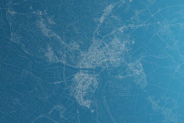 Map of the streets of Bratislava (Slovakia) made with white lines on blue paper. Rough background. 3d render, illustration