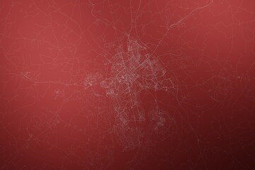 Map of the streets of Uppsala (Sweden) made with white lines on abstract red background lit by two lights. Top view. 3d render, illustration - obrazy, fototapety, plakaty