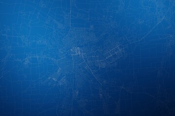 Stylized map of the streets of Lugansk (Ukraine) made with white lines on abstract blue background lit by two lights. Top view. 3d render, illustration - obrazy, fototapety, plakaty