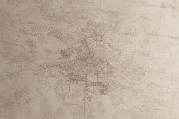 Map of Lviv (Ukraine) on an old vintage sheet of paper. Retro style grunge paper with light coming from right. 3d render