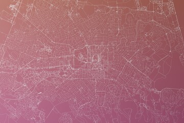 Map of the streets of Christchurch (New Zealand) made with white lines on pinkish red gradient background. Top view. 3d render, illustration - obrazy, fototapety, plakaty