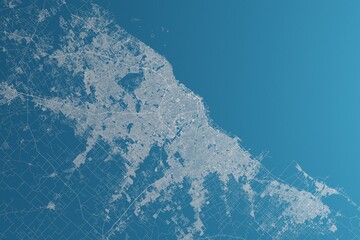 Map of the streets of Buenos Aires (Argentina) made with white lines on blue paper. Rough background. 3d render, illustration