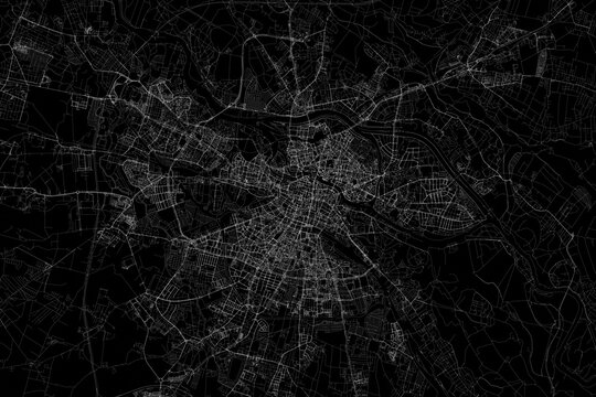 Fototapeta Stylized map of the streets of Wroclaw (Poland) made with white lines on black background. Top view. 3d render, illustration