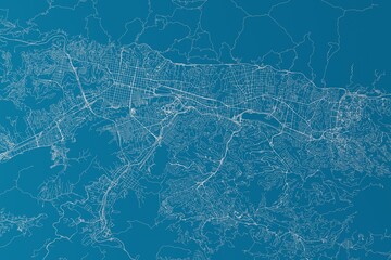 Map of the streets of Caracas (Venezuela) made with white lines on blue background. 3d render, illustration