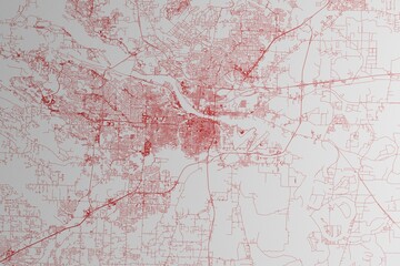 Map of the streets of Little Rock (Arkansas, USA) made with red lines on white paper. 3d render, illustration