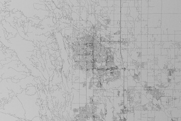 Map of the streets of Fort Collins (Colorado, USA) made with black lines on grey paper. Top view. 3d render, illustration
