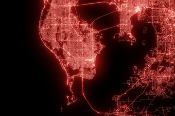 Street map of St Petersburg (Florida, USA) made with red illumination and glow effect. Top view on roads network. 3d render, illustration - obrazy, fototapety, plakaty