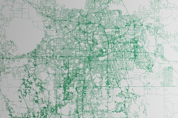 Map of the streets of Orlando (Florida, USA) made with green lines on white paper. 3d render, illustration