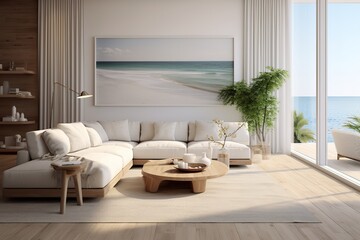 Breezy beach house living room with plush white couch, vibrant beach painting, and floor-to-ceiling windows framing a breathtaking view