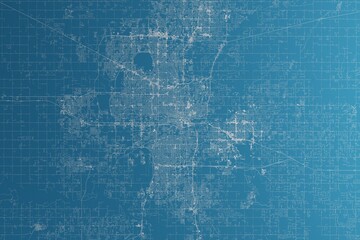 Map of the streets of Oklahoma City (Oklahoma, USA) made with white lines on blue paper. Rough background. 3d render, illustration