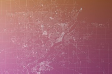 Map of the streets of Toledo (Ohio, USA) made with white lines on pinkish red gradient background. Top view. 3d render, illustration