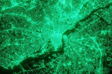 Map of the streets of Philadelphia (Pennsylvania, USA) made with green illumination and glow effect. Top view on roads network. 3d render, illustration - obrazy, fototapety, plakaty