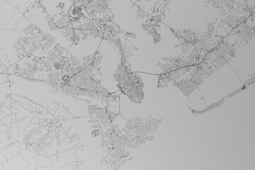 Map of the streets of Charleston (South Carolina, USA) made with black lines on grey paper. Top view. 3d render, illustration