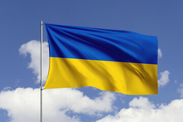 Ukraine flag fluttering in the wind on sky.