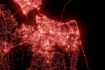 Street map of Norfolk and Virginia Beach (Virginia, USA) made with red illumination and glow effect. Top view on roads network. 3d render, illustration - obrazy, fototapety, plakaty
