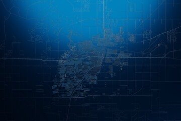 Fototapeta premium Street map of Amarillo (Texas, USA) engraved on blue metal background. View with light coming from top. 3d render, illustration