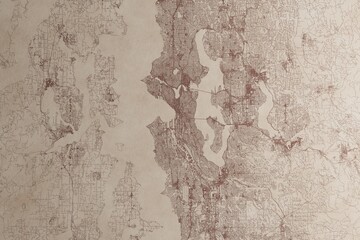Map of Seattle (Washington, USA) on an old vintage sheet of paper. Retro style grunge paper with light coming from right. 3d render