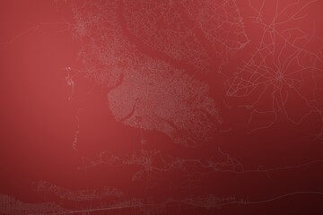 Map of the streets of Porto Novo (Benin) made with white lines on abstract red background lit by two lights. Top view. 3d render, illustration