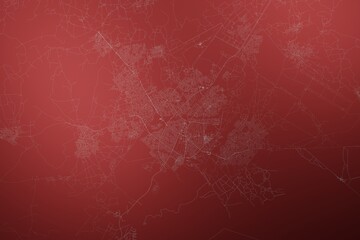 Map of the streets of Gaborone (Botswana) made with white lines on abstract red background lit by two lights. Top view. 3d render, illustration - obrazy, fototapety, plakaty