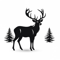 Silhouette of a deer with a fir tree on a white background. Deer with antlers, black silhouette on a white background.