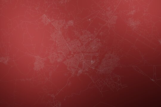 Map of the streets of Gaborone (Botswana) made with white lines on abstract red background lit by two lights. Top view. 3d render, illustration
