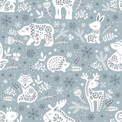 Vector seamless pattern. White ornate silhouettes of forest animals deer, bear, elk, fox, hare, squirrel, hedgehog among flowers on a gray background - obrazy, fototapety, plakaty