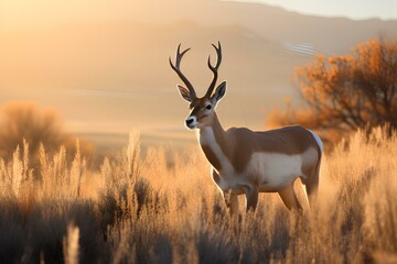 pronghorn in natural desert environment. Wildlife photography - obrazy, fototapety, plakaty