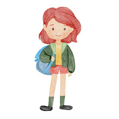 Watercolor Teenage girl carrying a bag to university