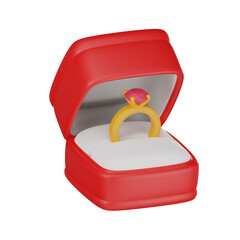3D render gold diamond ring with jewelry box in a cute design. Valentine's Day Anniversary, 3D jewelry concept.
