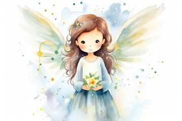 Winged girl with long wavy hair adorned with white flowers. Dreams and imagination. - obrazy, fototapety, plakaty