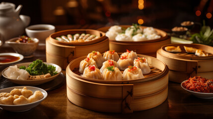 Dim sum food with many asian dishes
