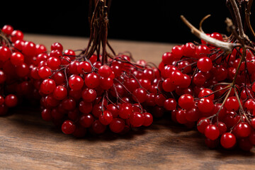A bunch of ripe viburnum berries on a wood background close-up