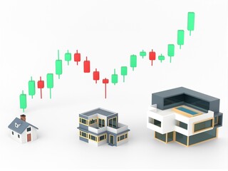 3D rendering Housing price rising up, real estate investment or property growth concept. candlestick chart rising house prices.