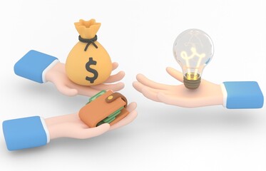 3d rendering Crowdfunding, investing into ideas, funding project by raising monetary contributions, venture capital flat design colorful vector illustration concept