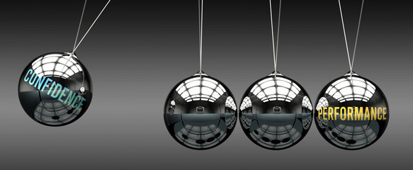 Confidence leads to Performance. A metaphor in which confidence initiates motion of performance and gives it energy. Cause and effect relation between confidence and performance.,3d illustration