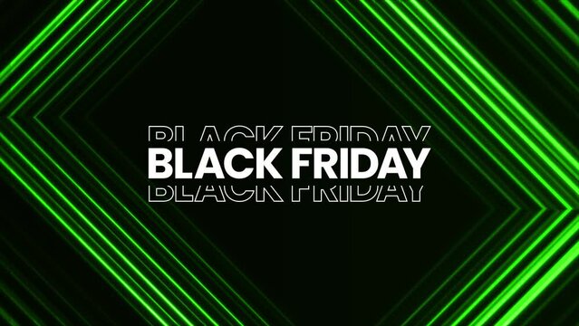 Black Friday graphic element with sleek green neon lines. Bold black friday sale banner design 4k animation. sales shopping social media background.