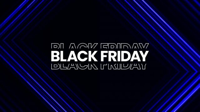 Black Friday graphic element with sleek blue neon lines. Bold black friday sale banner design 4k animation. sales shopping social media background.