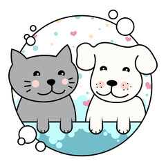 Cute dog and cat in the bathroom, grooming design. Grooming salon and pet care