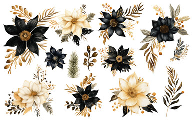 watercolor Christmas flowers with black and gold color themes vectors