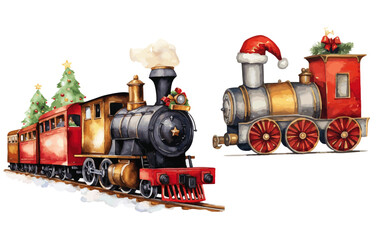 Christmas Trains with presents and christmas trees  watercolor vectors - obrazy, fototapety, plakaty