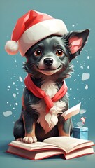 Illustration of a print of a colorful cute black dog and white dog has blue eyes and it is wearing Christmas hat and holding a book
