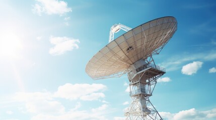 Huge radio telescope aimed directly into sky in middle of deserted desert catching signals. Large modern radio telescope aimed at sky catches signals and transmits to scientists for recognition