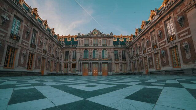 Timelapse  hyperlapse traveling shot of the Palace of Versailles, France. It is the front court.
Blue sky. Shot on canon 5D mk II