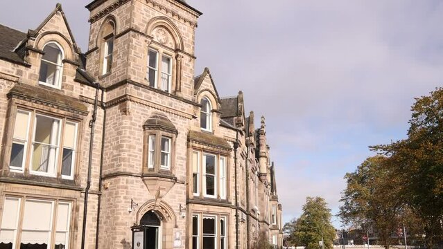 stone facade of town homes in Inverness, Scotland in the Highlands