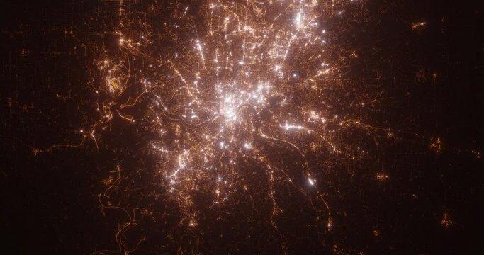 Cincinnati (Ohio, USA) aerial view at night. Satellite view on modern city with street lights. Camera is flying above the city, moving forward