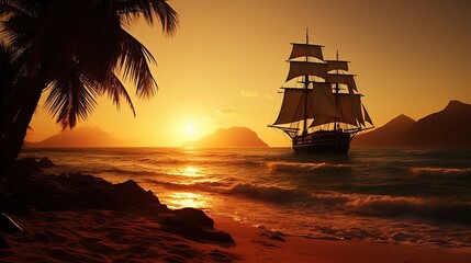 Pirate ship sails from desert island with bright trees in summer sunny weather with calm. Sunset...