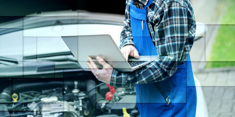 Mechanic using laptop for checking car engine, geometric pattern