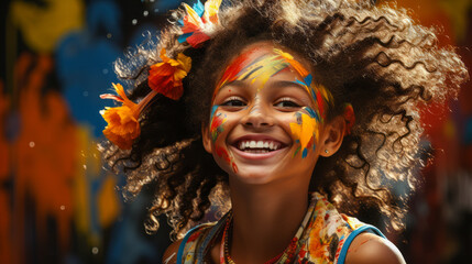 Naklejka premium Young Latin girl in traditional attire against vibrant street mural.