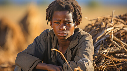 Obraz premium Weary African boy in tattered clothes laboring in crop field under hot sun.