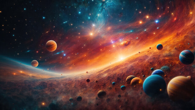 Space background with curved space and time. The universe, galaxies, planets and stars.